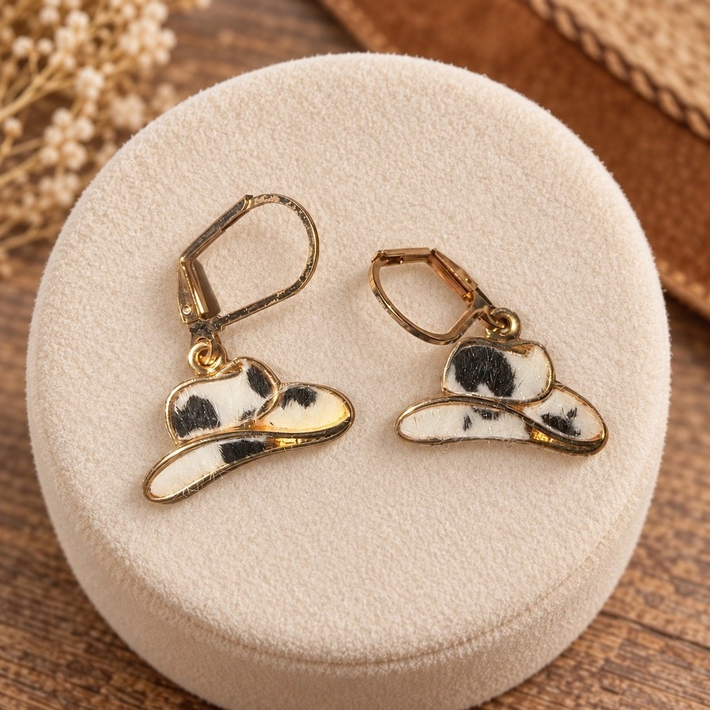 Cowboy Hat Dangle Earrings Gold Tone Cow Print Western Boho Lever Back
